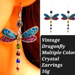 Vintage Multicolor Crystal Dangle Dragonfly Earrings Silver plated